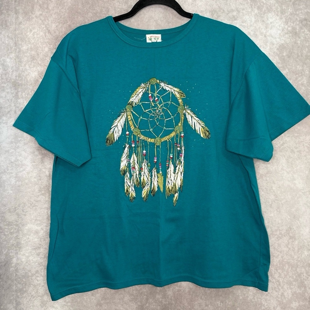 Vintage 90s Y-Tex Knit Short‎ Sleeve T-Shirt Large Teal Dreamcatcher Native